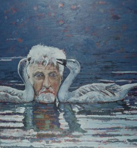 Conrad Lorenz con i goslings, 2000 (olio su tela)