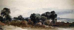 Paesaggio boscoso con cottage da Peter de Wint