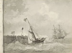 Due barche a vela presso un molo da Petrus Johannes Schotel (circle of)