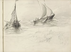 Due barche a vela con figure in mare da Petrus Johannes Schotel (circle of)