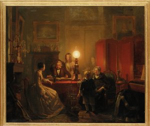 Una famiglia riunita attorno a un tavolo illuminato da una lampada, 1854 da Petrus Kiers