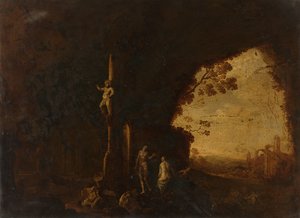 Ninfe in una grotta con rovine antiche