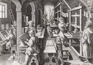Una tipografia europea circa 1590 (incisione) da Philip (after) Galle