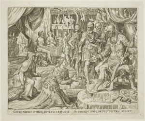 Giuditta presentata a Oloferne, tavola cinque da La storia di Giuditta e Oloferne da Philip Galle