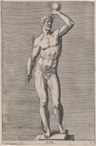 Apollo, statua del dio nudo in piedi su un piedistallo, con una corona e tenendo un...