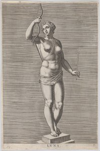 Piatto 7: Diana, statua della dea nuda in piedi su un piedistallo, con una luna crescente, 1586