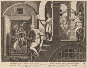 Il carceriere sta per uccidersi, convertito da San Paolo da Philip Galle after Jan van der Straet