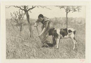 Contadina che scava vicino a un vitello da Philip Zilcken (signed by artist)