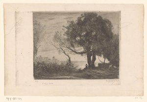 Paesaggio con flautista sotto un albero e silhouette di una città