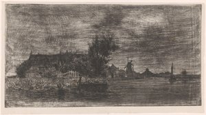 Paesaggio con case e mulino sull