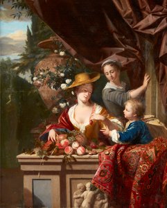 Figure eleganti su una terrazza con ciotola di frutta assortita da Philip van Dyck