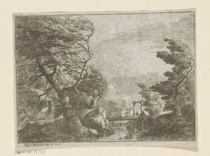 Paesaggio tempestoso con alberi vicino a un ponte su un fiume da Philipp Hieronymus Brinckmann