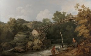 Una vista vicino a Matlock, Derbyshire con figure che lavorano sotto un trasportatore di legno da Philippe-Jacques de Loutherbourg