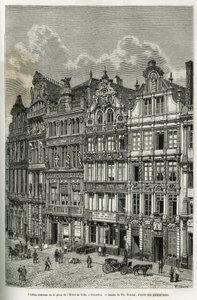 Vecchie case nella piazza del municipio a Bruxelles. Incisione di Ph. Benoist, per illustrare la storia del Belgio di Camille Lemonnier, pubblicata in Le tour du monde, sotto la direzione di Edouard Charton (1807-1890), Parigi da Philippe Benoist