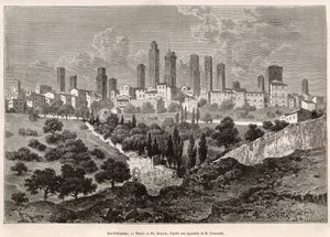 Veduta di San Gimignano (Toscana, Italia). Incisione dal disegno di Ph. Benoist, per illustrare il viaggio in Toscana e Umbria, di Francis Wey, nel 1875, pubblicato in "Le tour du monde" 1876, a cura di Edouard Charton, edizione Hachette, Parigi. Selva da Philippe Benoist