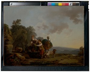 Viaggiatori con cani e muli carichi a un pozzo da Philippe Jacques de Loutherbourg