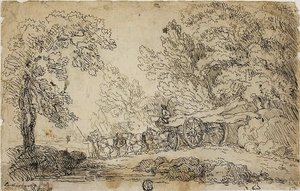 Trasporto di tronchi in una foresta (recto); schizzi di persone in varie attività (verso) da Philippe Jacques de Loutherbourg II