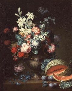 Natura morta di fiori in un vaso classico con un melone tagliato da Philippe Parpette
