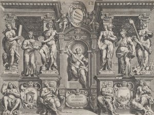Stampa di Tesi Allegorica con Varie Figure, Ambientata in una Struttura Architettonica