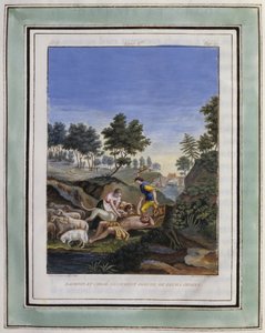 Dafni e Cloe liberano Dorcon dai loro cani. Disegno di Philippe d