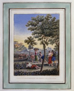 Dafni e Cloe condividono i lavori della vendemmia. Disegno di Philippe d