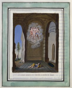 Le ninfe promettono a Daphnis il ritorno di Chloe. Disegno di Philippe d
