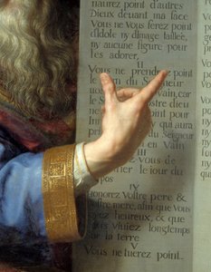 Mosè e le tavole della Legge, dettaglio della mano di Mosè che mostra i dieci comandamenti. Dipinto di Philippe De Champaigne (1602-1674) da Philippe de Champaigne