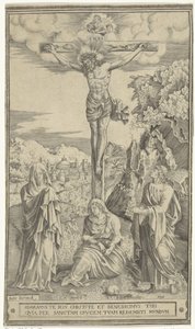 Cristo sulla croce affiancato da Maria e Giovanni