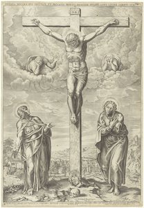 Cristo sulla croce affiancato da Maria e Giovanni in un paesaggio