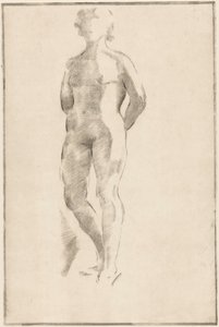Donna nuda in piedi con le mani dietro la schiena