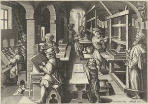 Stampa di libri (serie: Nuove invenzioni e scoperte) da Philips Galle (attributed to workshop of)