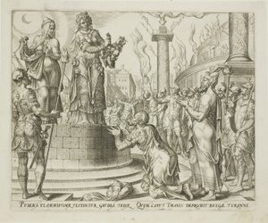 Giuditta che mostra la testa di Oloferne al popolo di Betulia, tavola sette da La storia di Giuditta e Oloferne da Philips Galle