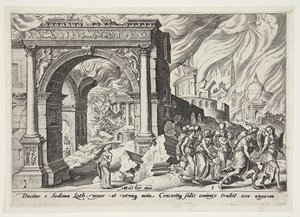 Lot e la sua famiglia lasciano Sodoma in fiamme da Philips Galle