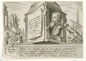 Ritratto di Maarten van Heemskerck sul piedistallo di una colonna da Philips Galle