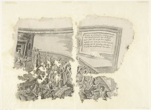 Angolo in alto a destra di una stampa della scena di Cebes (Tabula Cebetis Carta Vitae) da Philips Galle