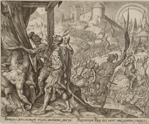 La scoperta del cadavere di Oloferne, ottava tavola da La storia di Giuditta e Oloferne da Philips Galle