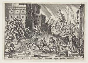 Il cadavere del Re di Ai portato alla porta della città da Philips Galle