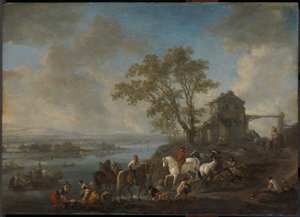 Stagno per cavalli su un fiume da Philips Wouwerman