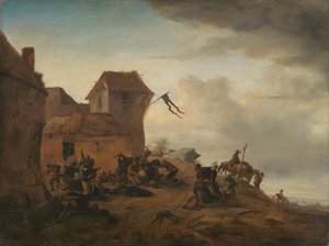 Contadini che litigano vicino a un villaggio da Philips Wouwerman