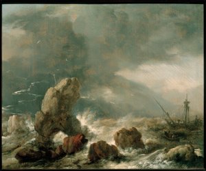 Mare tempestoso con tre navi in pericolo da Philips Wouwerman