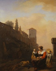 Un Contadino e due Bambini che riposano davanti a una Torre in Italia da Philips Wouwermans or Wouvermans