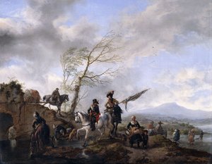 Un ampio paesaggio fluviale con soldati e un portabandiera che abbeverano i loro cavalli da Philips Wouwerman