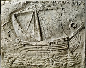 Arte fenicia: bassorilievo di sarcofago che rappresenta una nave mercantile - Dal vecchio porto di Sidone (Saidoon) in Libano - Parigi, museo del Louvre - Una nave commerciale fenicia - Dettaglio del rilievo di un sarcofago in pietra trovato a Sidone (Liba