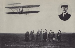 Aviatore americano Orville Wright e la sua macchina volante