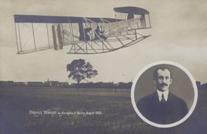 Orville Wright che vola con il suo aeroplano a Berlino, agosto