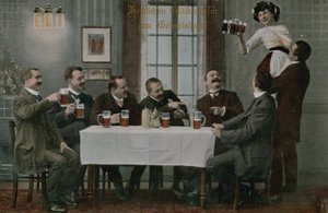 Cartolina di tedeschi che bevono birra e si divertono con la cameriera, inviata nel 1913 da Photographer German