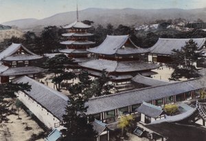 Giappone, c.1912: Horyu-ji, il più antico tempio buddista in Giappone, costruito circa 1300 anni fa, Yamato