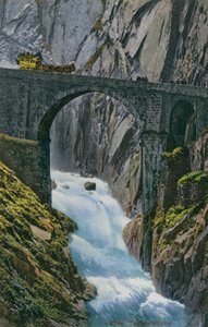 Carrozza che attraversa la Teufelsbrucke sulla gola di Schollenen in Svizzera. Cartolina inviata nel 1913.