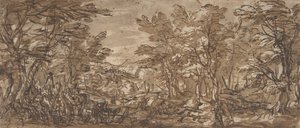 Scena forestale, una sosta a sinistra, una caccia al centro, 1612-66