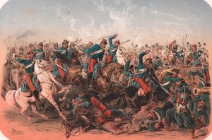 Scena di battaglia, Guerra di Crimea, litografia a colori, 29x20 cm, da Episodes de la guerre d